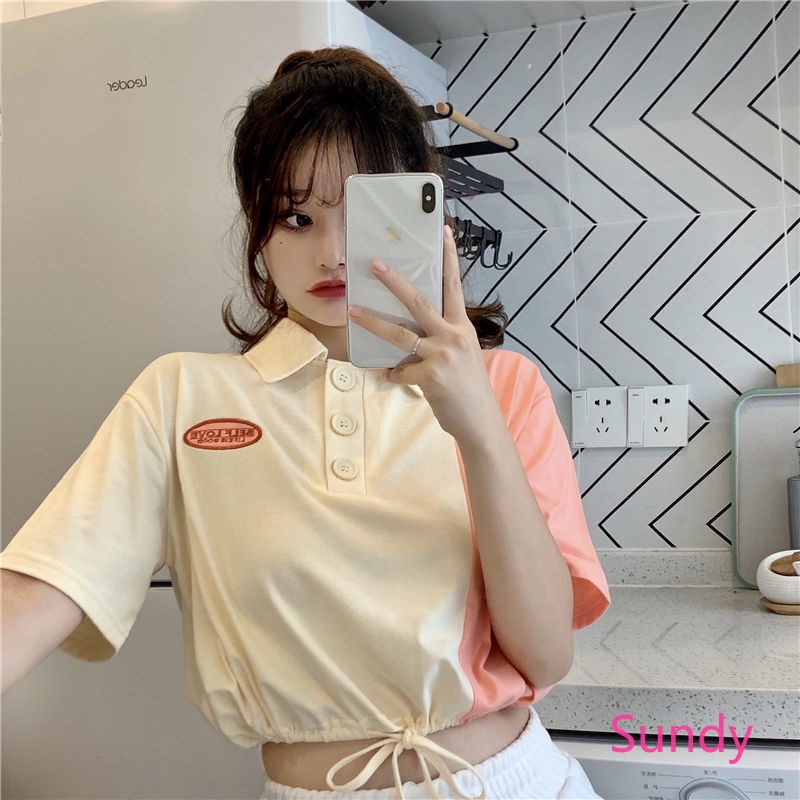 Áo Sơ Mi Cổ Polo Phối Dây Rút Màu Sắc Trẻ Trung Thời Trang Mùa Hè