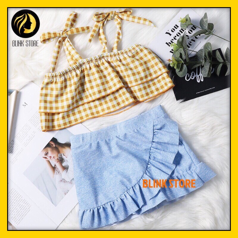 Đồ bơi bikini đi biển cho bé gái 6 tháng đến 7 tuổi 2 mảnh ( áo 2 dây quần váy ) siêu xinh chất thun co giãn