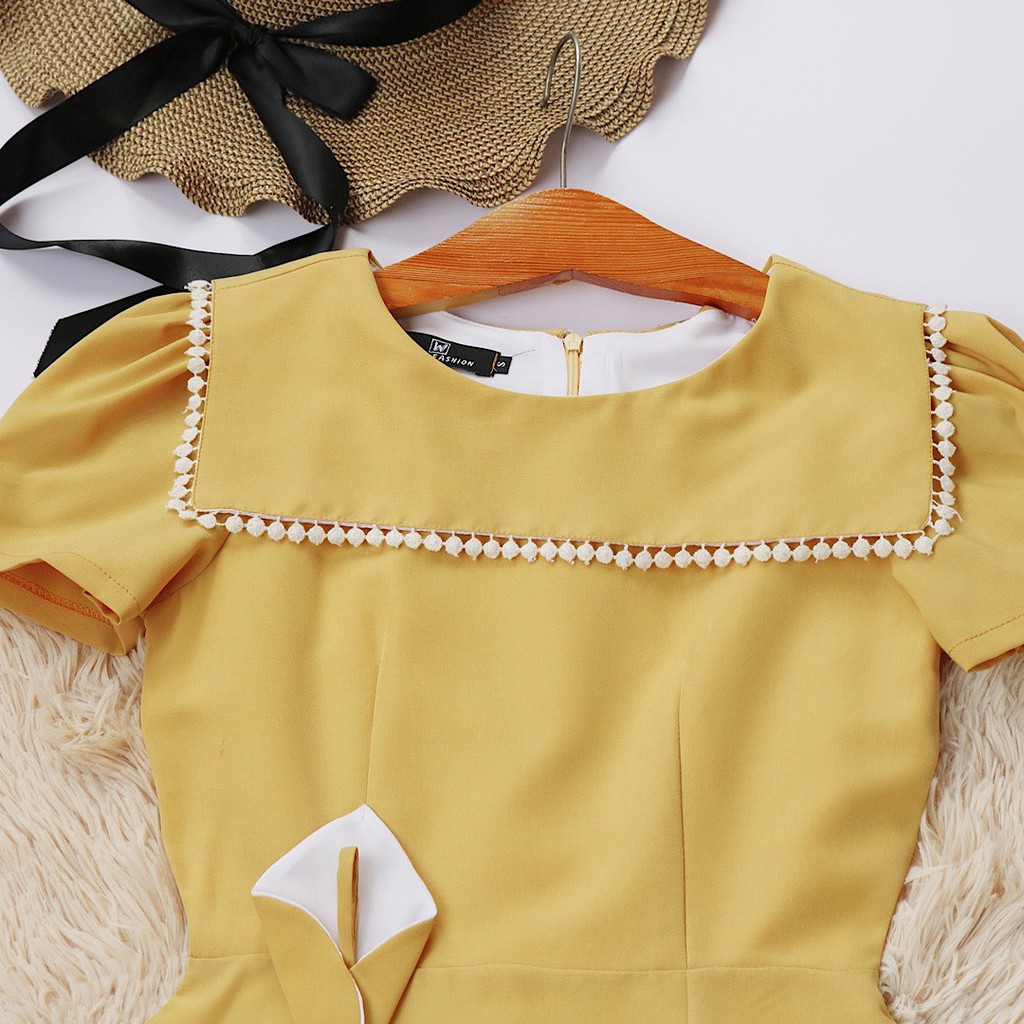 Đầm vàng công sở nữ thiết kế dáng chữ a dễ thương tay ngắn vải lụa cao cấp - Thời trang Lux W | BigBuy360 - bigbuy360.vn