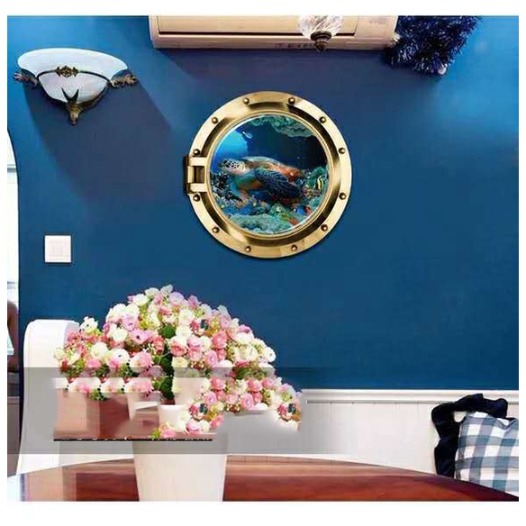 Decan dán tường 3D, tranh dán tường ô cửa sổ tàu ngầm siêu đẹp