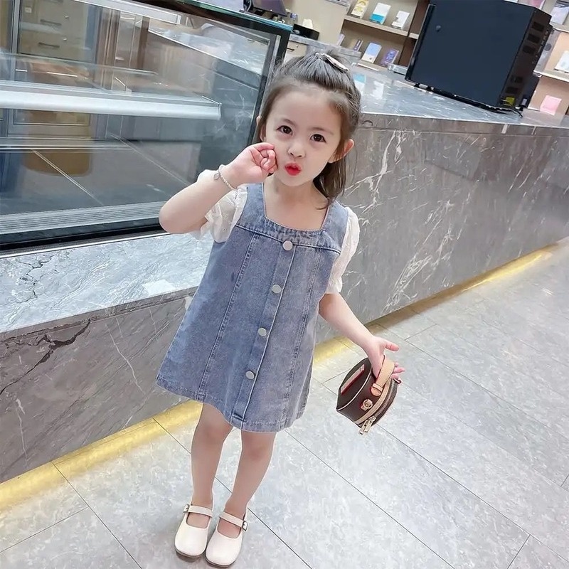 Đầm Denim Tay Ngắn Thiết Kế Mới Thời Trang Mùa Hè Theo Phong Cách Hàn Quốc Cho Bé Gái