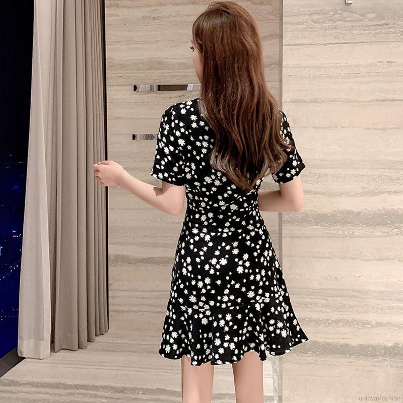 Đầm Hoa Tay Ngắn Cổ Chữ V Dáng Ôm Phong Cách Retro Pháp Thời Trang Mùa Hè