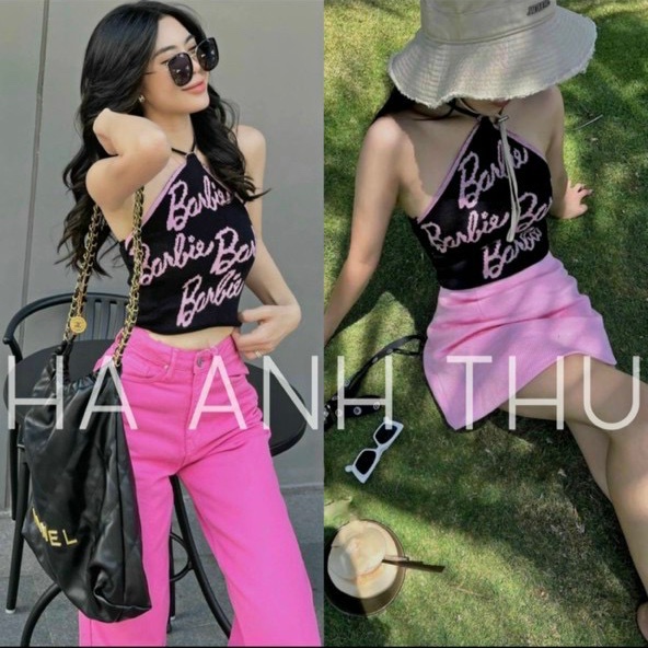 Áo yếm bozip buộc cổ in chữ barbie