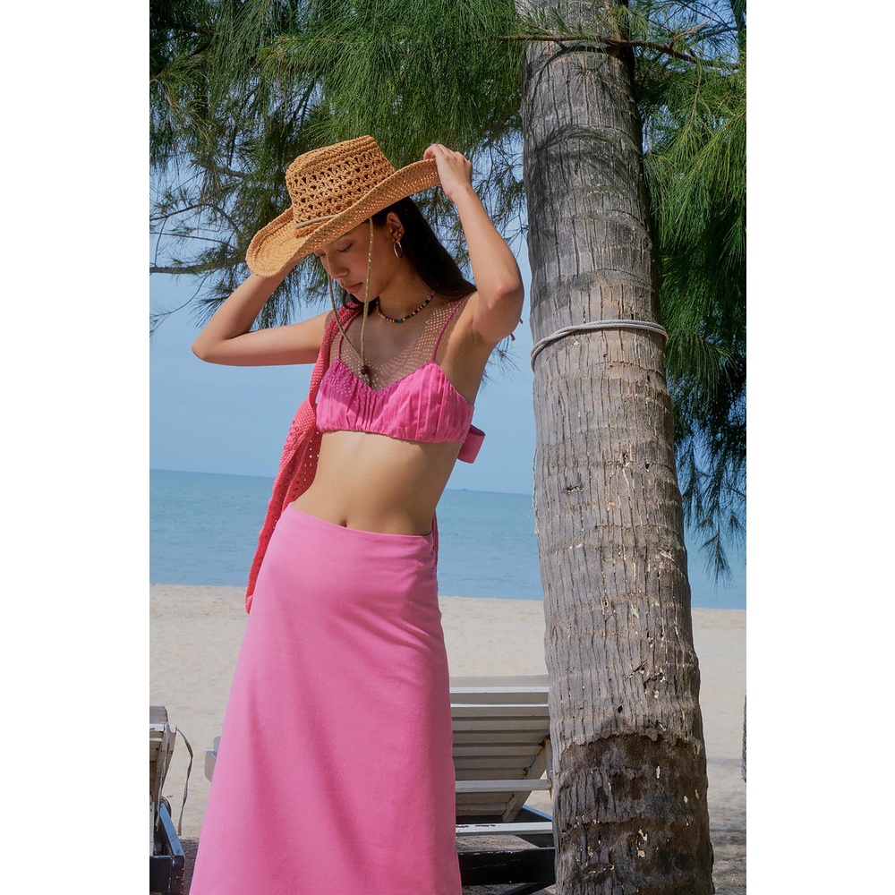 DOTTIE - Chân váy midi vải linen nữ hồng S0103