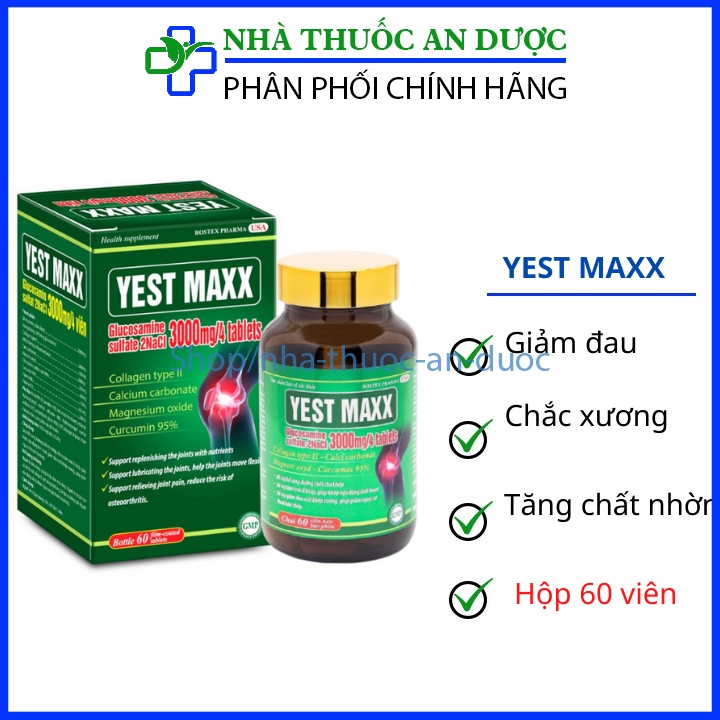 Viên uống YEST MAXX bổ xương khớp Glucosamine sulfate 2NaCl 3000mg giúp giảm đau nhức, mỏi xương khớp – Lọ 60 viên