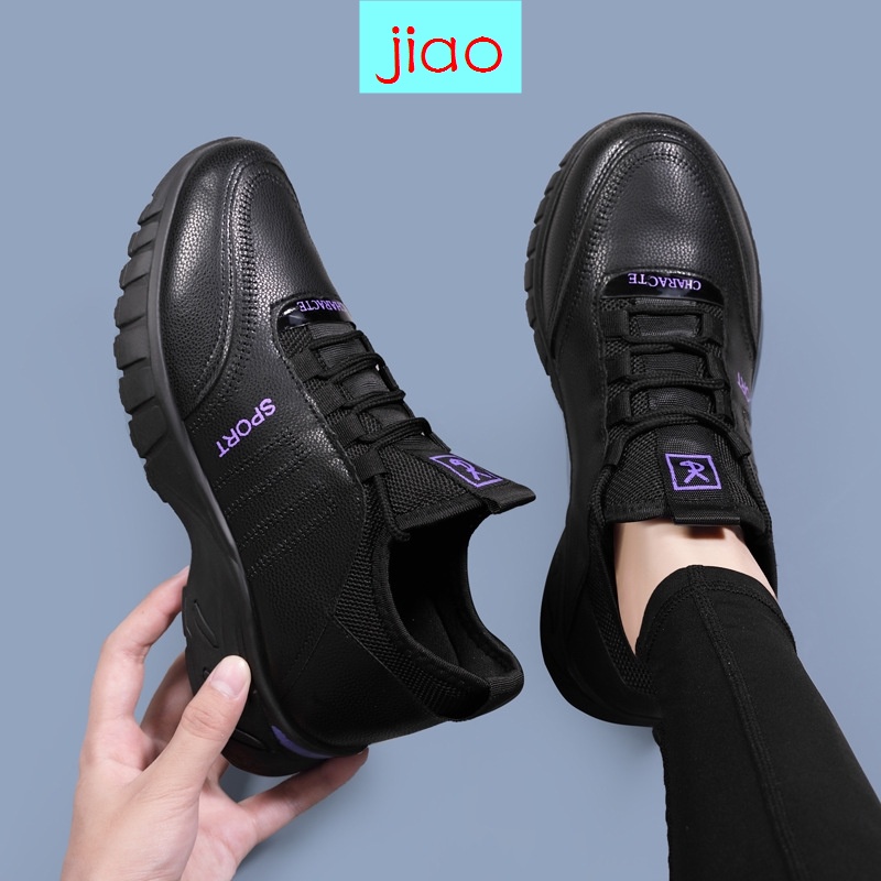 Giày thể thao bằng da mềm chống trượt chống thấm nước màu đen thoải mái thời trang cho nữ
