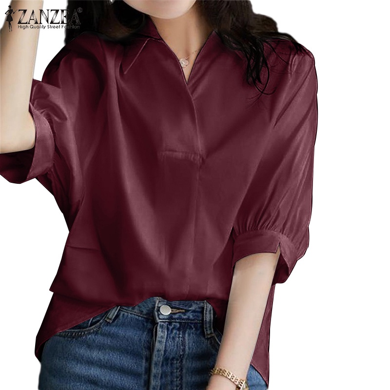 Áo ZANZEA màu trơn tay lửng phối hàng nút kiểu dáng đơn giản thời trang cho nữ