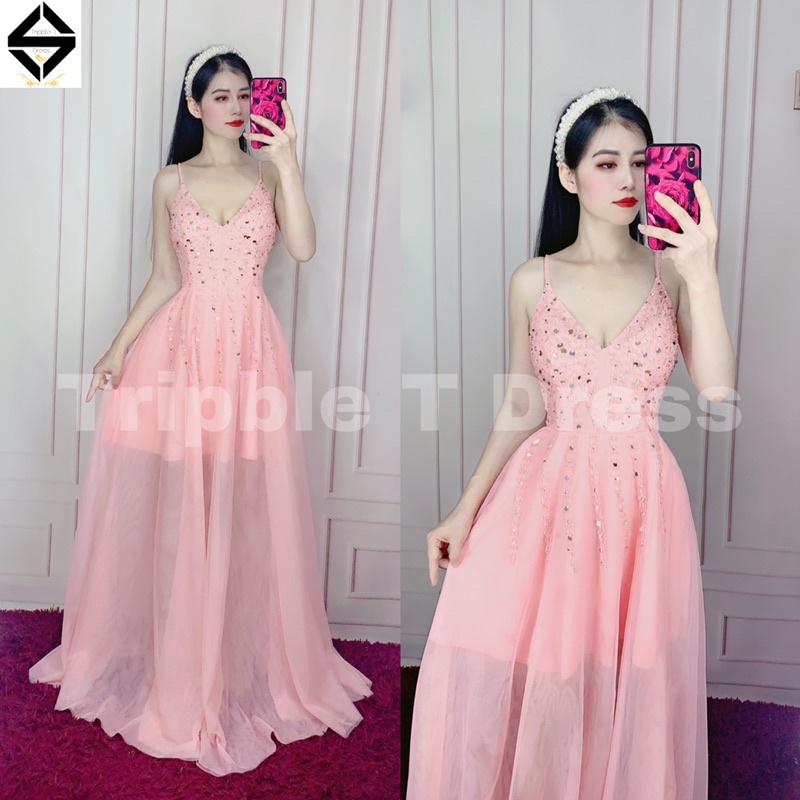Đầm maxi xòe 2 dây kết đá pha lê ngực cao cao cấp TRIPBLE T DRESS - SIZE M/L - MS83V