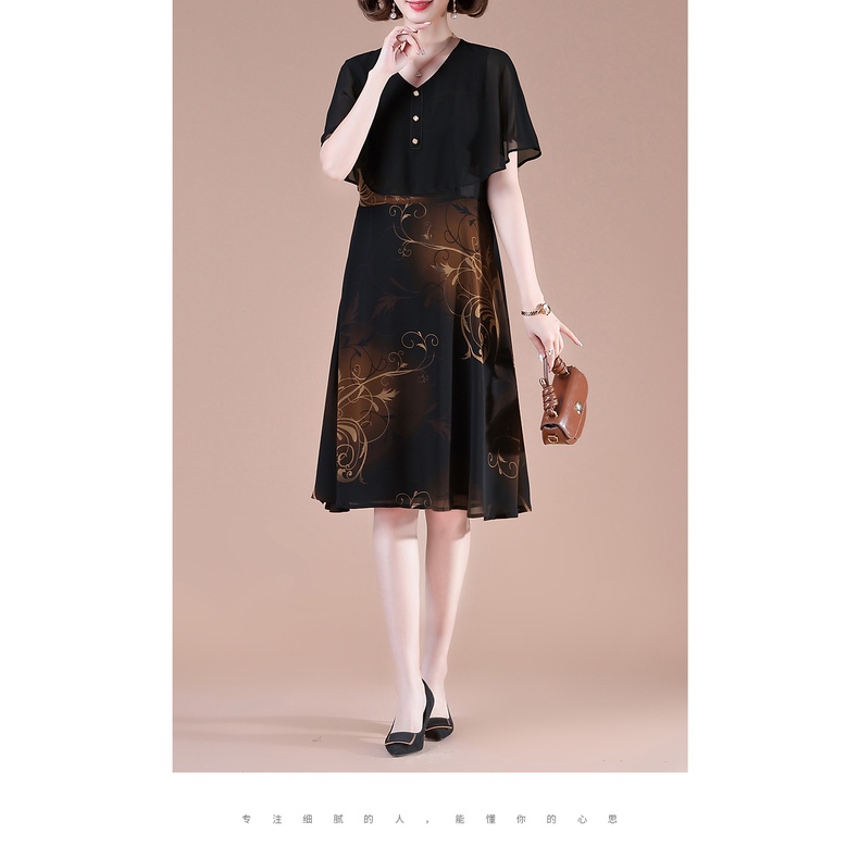 Đầm Chiffon Tay Ngắn Viền Bèo Thời Trang Mùa Hè Cho Phụ Nữ Trung Niên