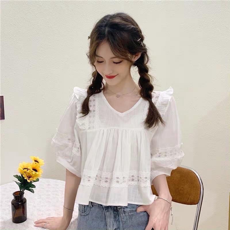 Áo sơmi baby doll cổ V tay lỡ phối ren/Áo sơmi Ulzzang