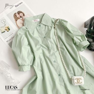 Áo sơ mi xanh mint cổ đức tay bồng cộc thân basic