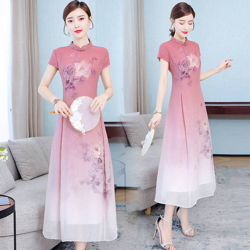 Dress chiffon dress female short-sleeved long print improved version cheongsam dress summer new style embroidery printing