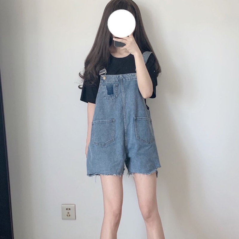 Quần yếm jean IELGY dáng ngắn ống rộng phong cách Hàn Quốc cổ điển dành cho nữ