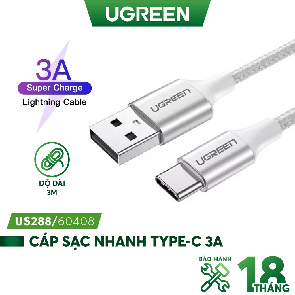 Cáp sạc và truyền dữ liệu UGREEN US288 cổng Type-c, độ dài từ 0.25m đến 2m, dòng 3A, đầu nhôm vỏ nylon