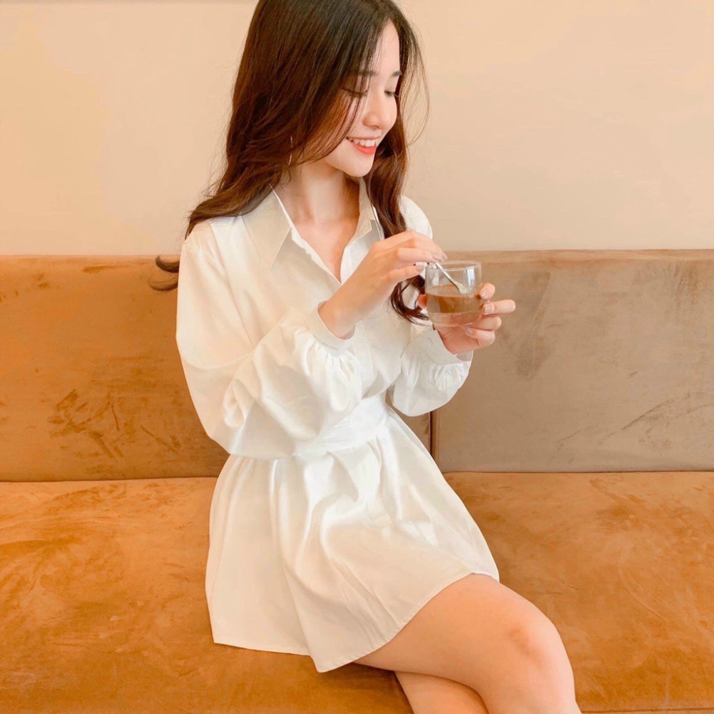 set đồ nữ sang chảnh, bộ đồ nữ áo sơ mi dài dây eo kèm quần 2 màu basic nội y xanh chất đẹp giá tốt