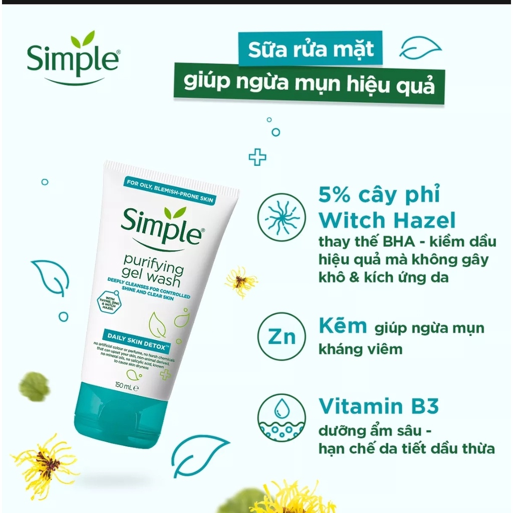 Sữa rửa mặt Simple giúp da sạch thoáng & không chứa xà phòng/kiềm dầu và ngừa mụn hiệu quả - cho da mụn nhạy cảm 150ml