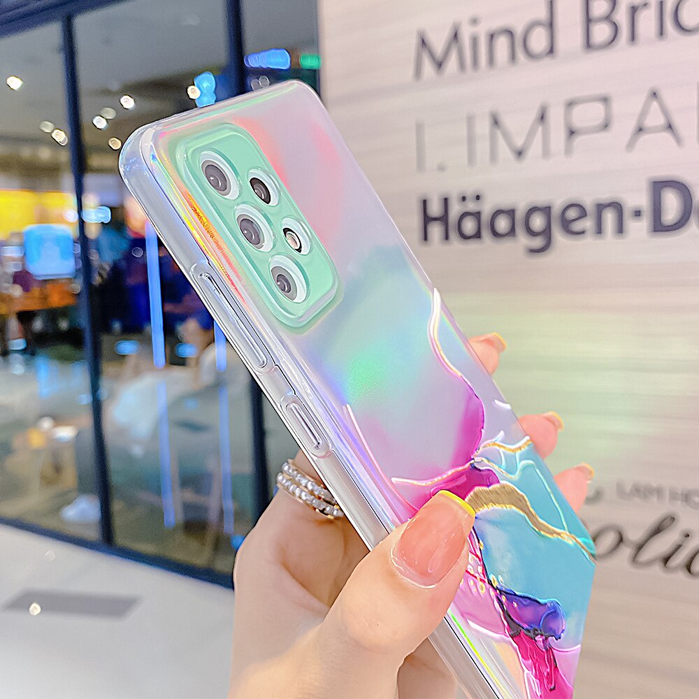 Ốp điện thoại mềm trong suốt in đá hoa cương màu laser cho Samsung Galaxy A52 A72 A32 5G A22 A12 A82 S21 Plus