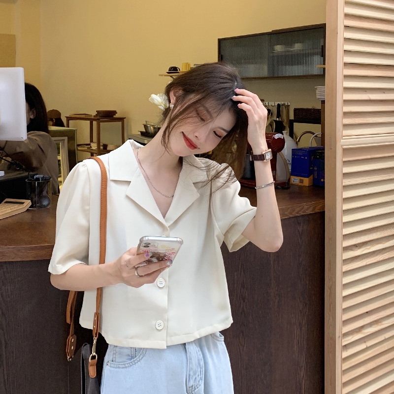 Áo Sơ Mi Cổ Vest Dáng Rộng Phong Cách Retro Hàn Quốc