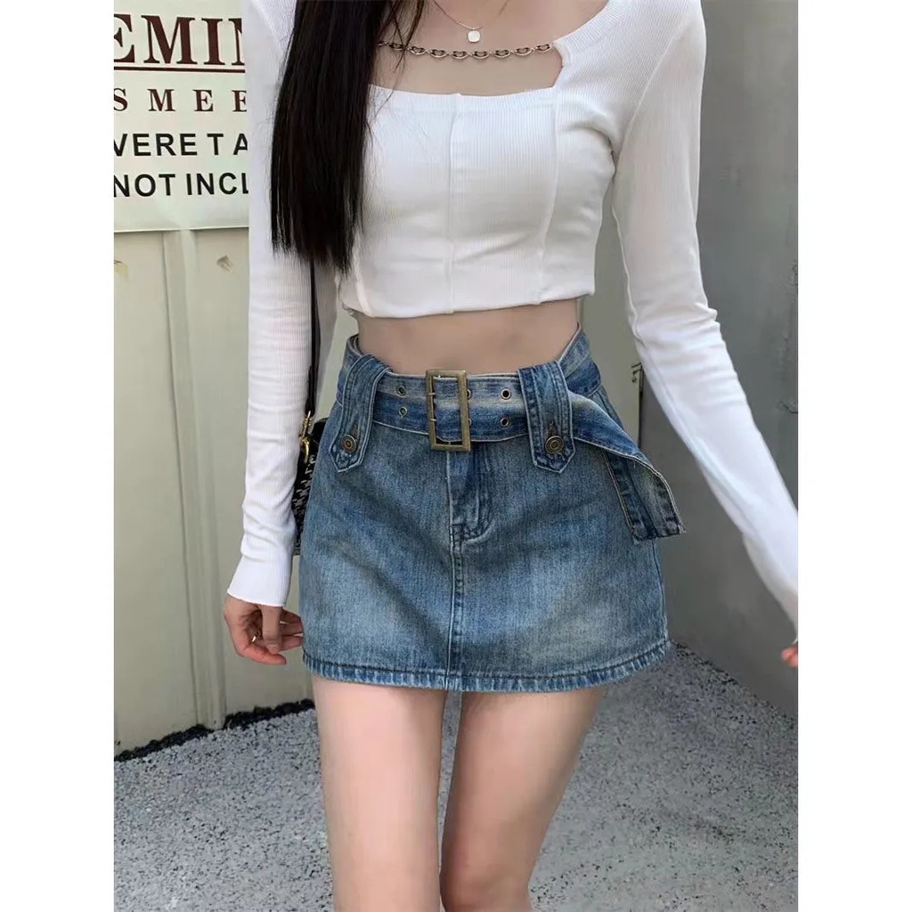 Chân váy denim chữ A dáng ôm phong cách retro thời trang xuân hè cho nữ