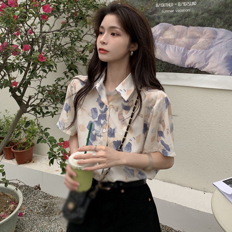 Áo sơ mi voan hoa ngắn tay thời trang mùa hè retro dành cho nữ