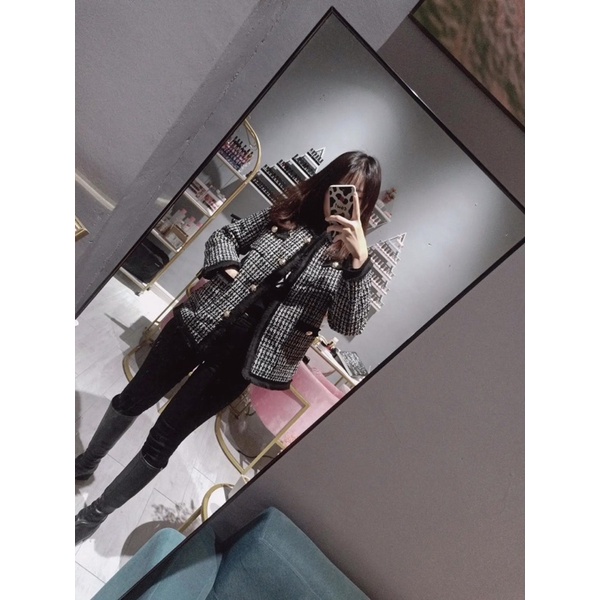 Áo dạ tweed kẻ ô tua rua hàng Quảng châu lót bông