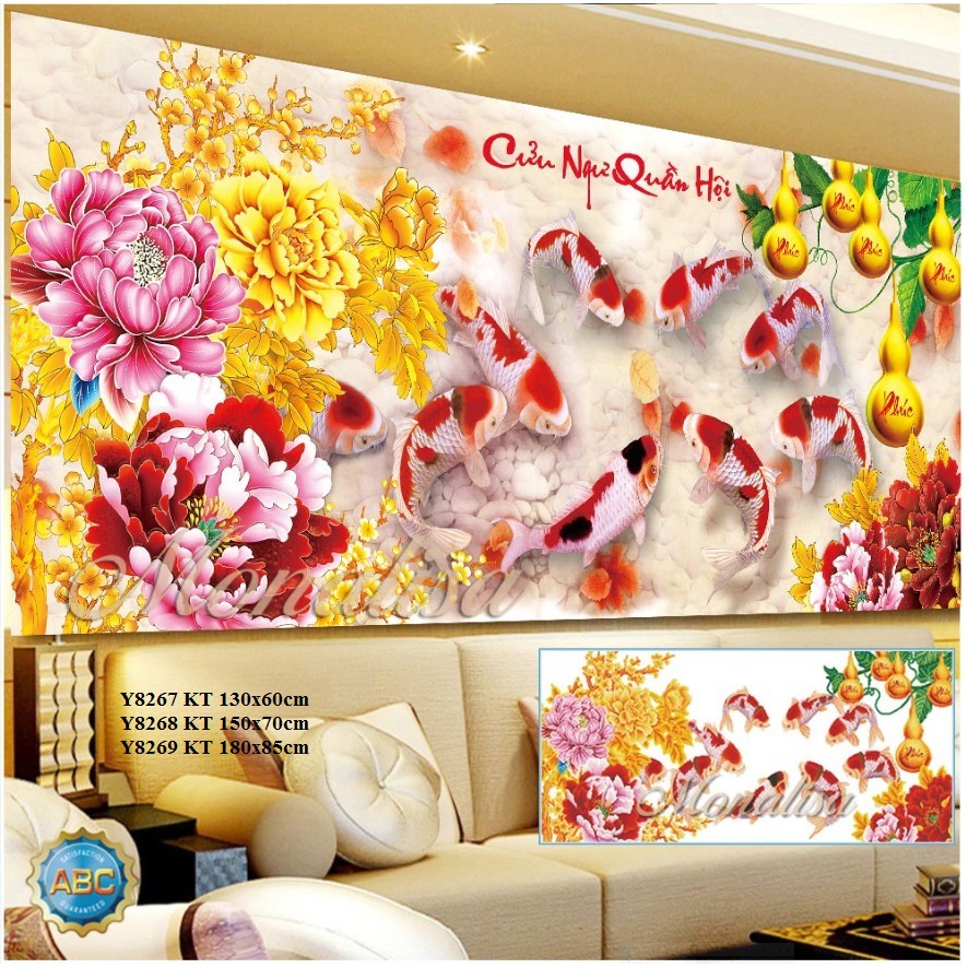 Tranh đính đá cá cửu ngư quần hội KT:130x60cm,150x70cm. Tranh gắn đá tự làm.