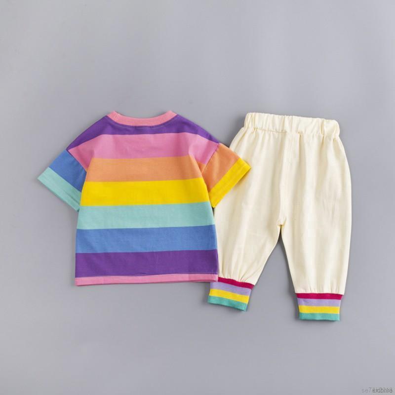 Bộ Áo Thun Ngắn Tay Màu Cầu Vồng + Quần Short Cho Bé Gái