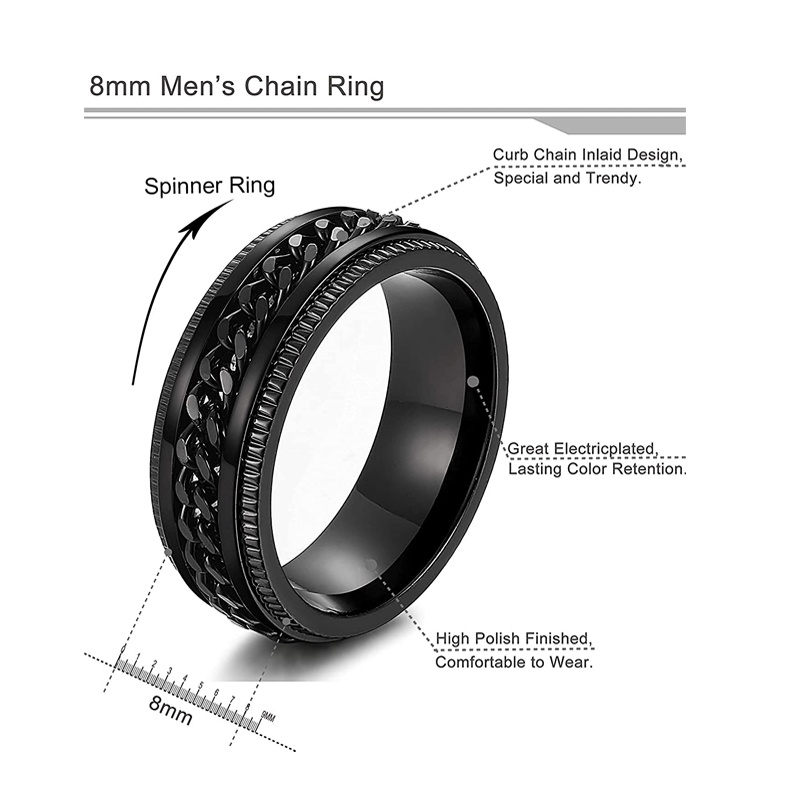 Hàng Có Sẵn] Nhẫn Thép Titan Khắc Họa Tiết Dây Xích Có Thể Xoay Được Cho Nam