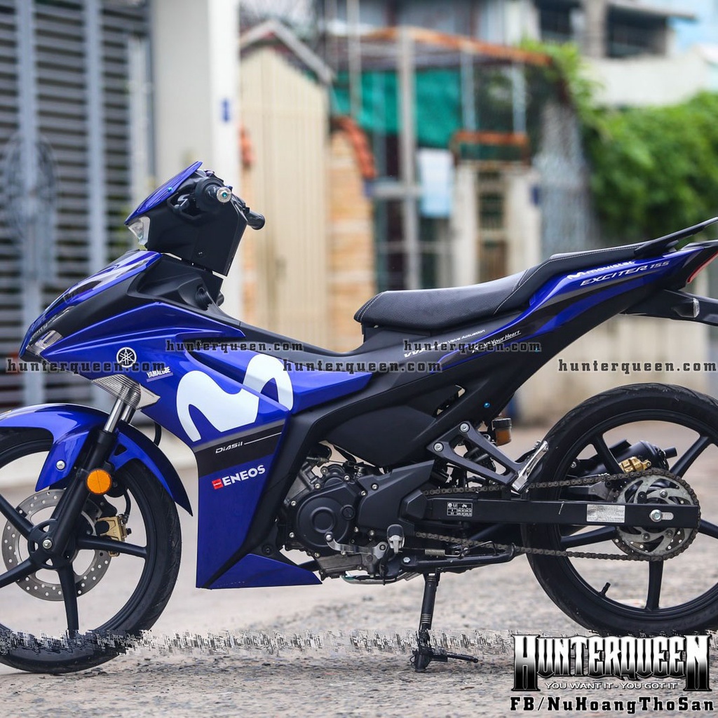 Tem rời cao cấp in UV, mẫu Movistar trắng, dán xe Exciter 155 xanh GP. Decal kích thước chuẩn, không bay màu, chống nước