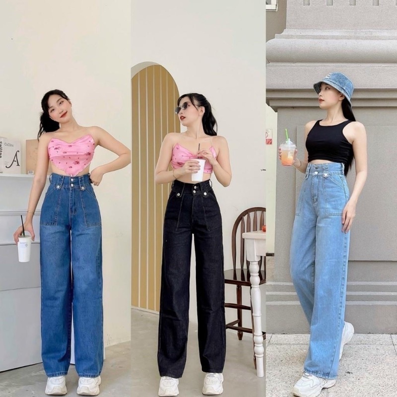 Quần jeans ống suông basic 2 túi trước kiểu lưng siêu cao