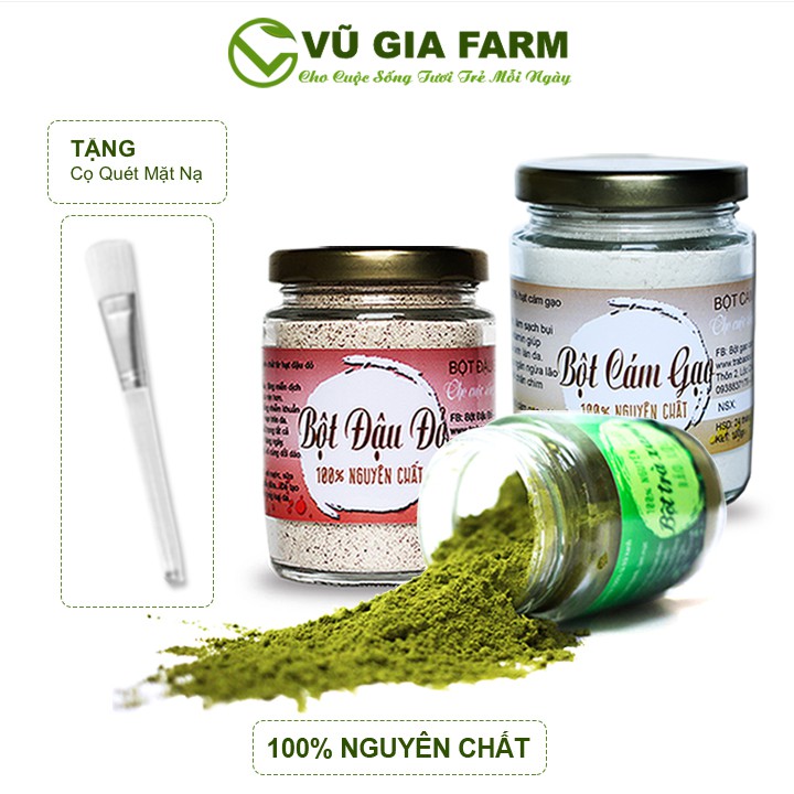 Combo Bột Trà Xanh + Bột Đậu Đỏ + Bột Cám Gạo - Nguyên Chất Vũ Gia (100g/hũ) + Tặng Cọ Quét