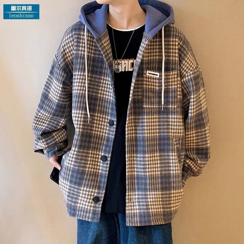 Áo Khoác Nam Dài Tay Có Mũ Họa Tiết Caro Dáng Rộng Plus Size