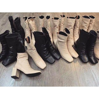 [Sẵn Hàng] BOOT NHÚN CỔ NHĂN CAO CỔ GÓT TRỤ VÁT HOT 2022 Boot da nhăn mờ ((Form rộng đi lùi size)