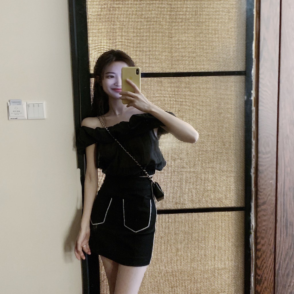[Hàng order] Sét áo trễ vai váy cạp cao túi đính đá tiểu thư sang chảnh Ulzzang Hàn Quốc V117