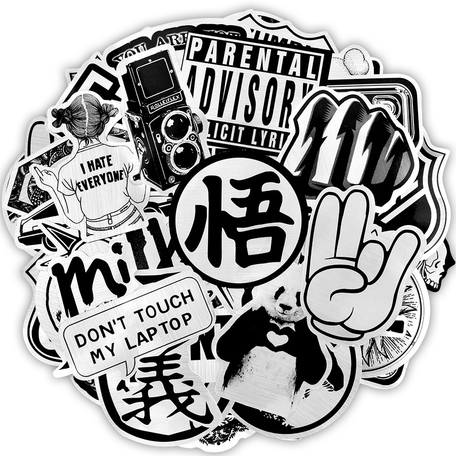 Set 50 sticker màu trắng/đen dán trang trí laptop/vali/xe hơi