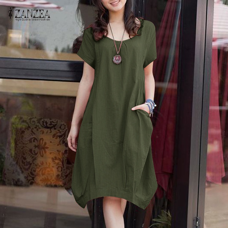 Đầm midi Zanzea tay ngắn cổ tròn phong cách hàn quốc đơn giản thời trang cho nữ