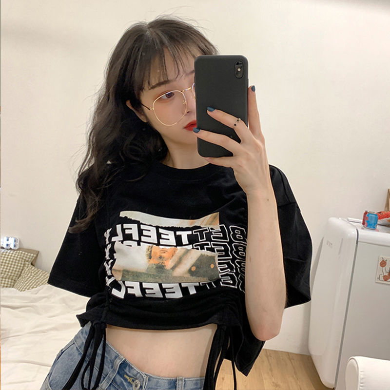 Áo Thun Ngắn Tay Phối Dây Rút Cá Tính Dành Cho Nữ