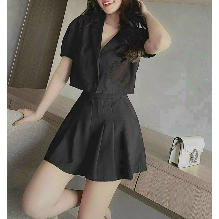 Sét Váy Nữ Thời Trang Mặc Đi Chơi, Sét Váy Tuyết Mưa Nữ Xếp Ly Áo Tay Ngắn Cổ V Nút 4 Màu Phong Cách Hàn Quốc