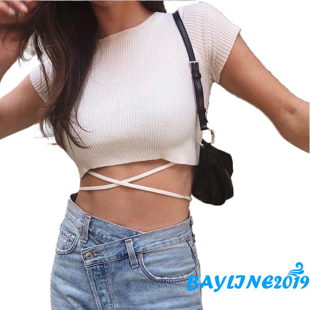 Áo Croptop Dệt Kim Tay Ngắn Thiết Kế Dây Đan Chéo Quyến Rũ
