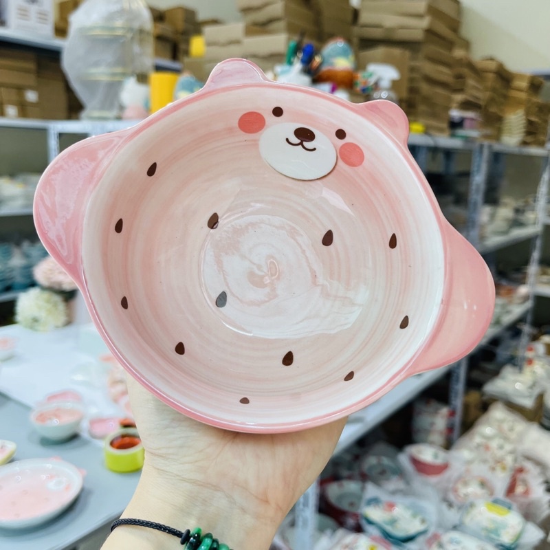 Bộ Bát Đĩa Sứ Decor Gấu Hồng Chấm Bi Dễ Thương Chén Đĩa Sứ Ăn Cơm Tô Canh Đĩa Đựng Thức Ăn