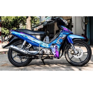 Tem trùm sirius 50cc cá mập xanh tím, team dán xe máy sirius, team trùm sirius, tem decal sirius cá mập xanh tím
