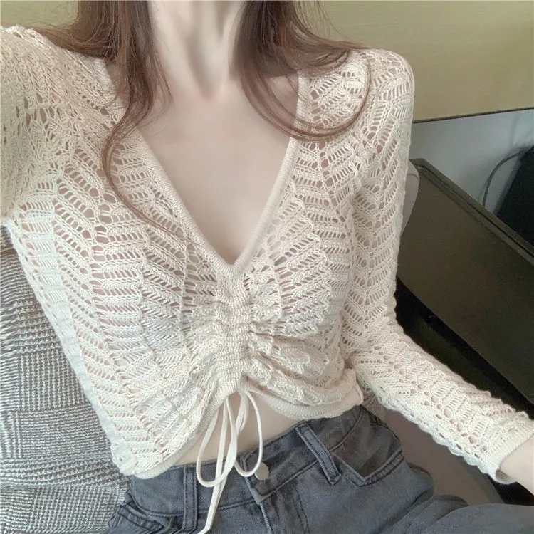 Áo Croptop Dệt Kim Tay Dài Phối Dây Rút Phong Cách Thời Trang Cá Tính Cho Nữ