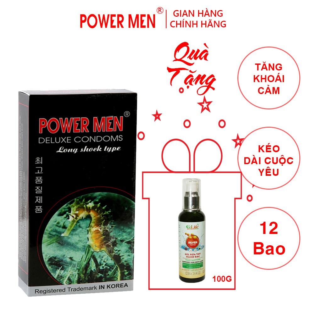 Bao cao su gân gai Powermen Longshock cá ngựa kéo dài thời gian Hộp 12 bcs + Tặng Nước rửa tay khô 100ml