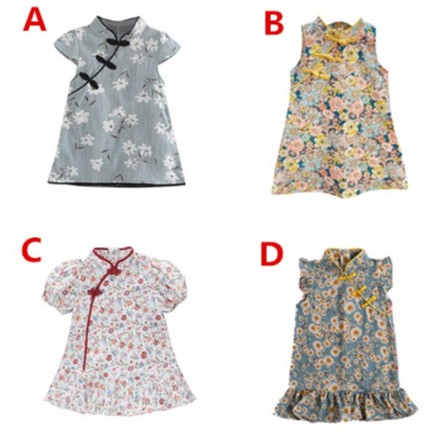 Sườn xám tay ngắn in họa tiết hoa phong cách Trung Hoa thời trang cho bé gái