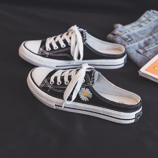 Dép Bít Mũi Vải Canvas Đế Bằng Họa Tiết Hoa Cúc Nhỏ Dễ Thương Cho Nữ