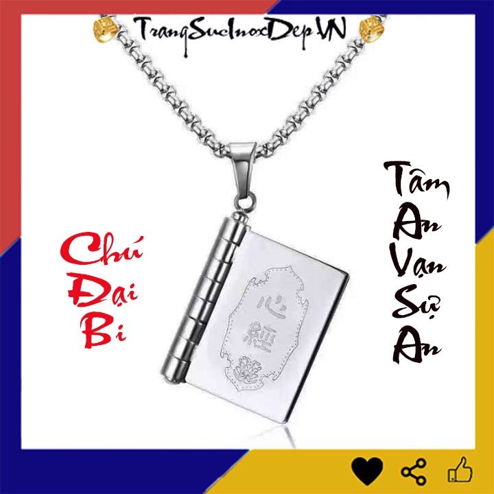 Dây chuyền inox quyển sách chạm khắc Chú Đại Bi mang lại bình an may mắn cho người đeo