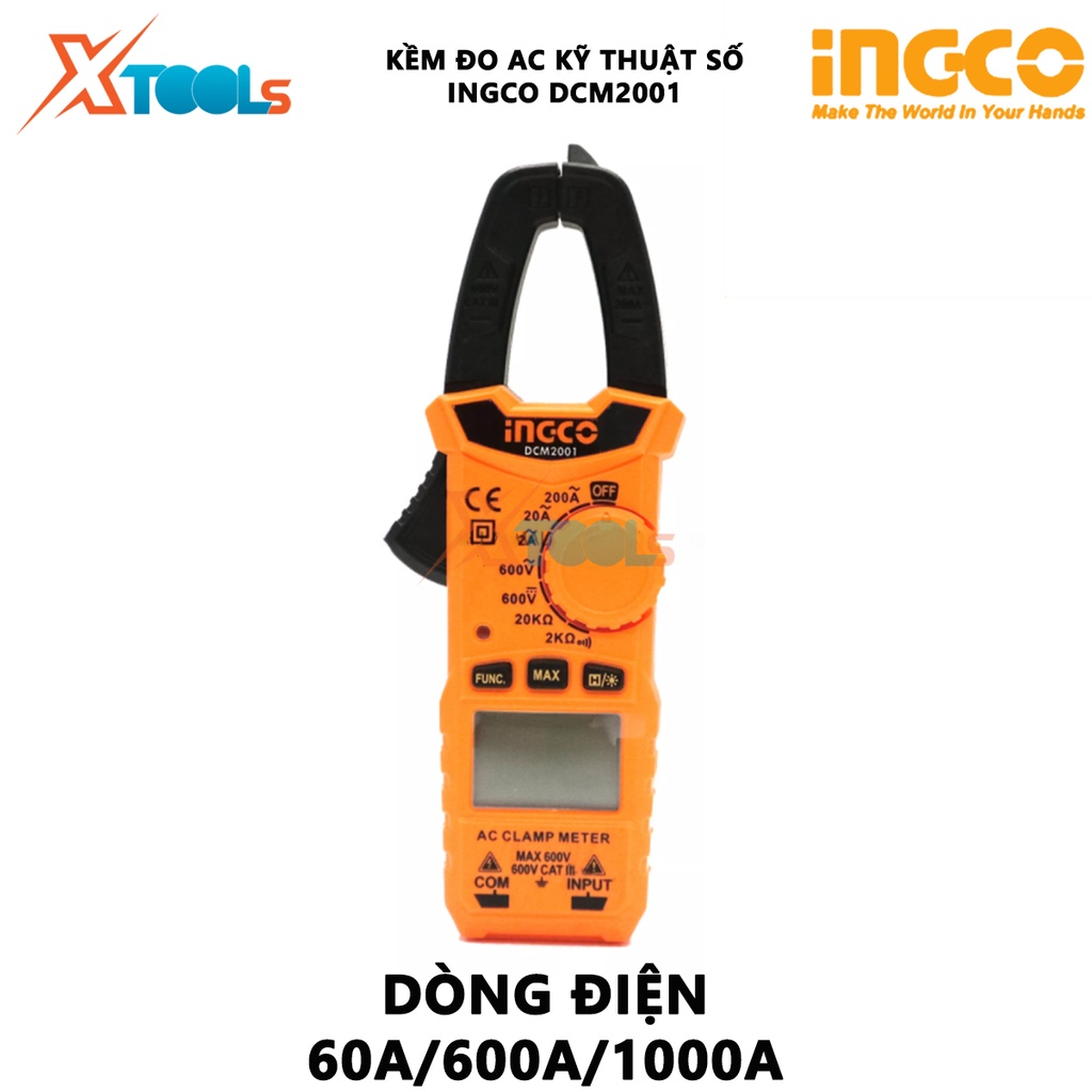 Ampe kìm đo AC kỹ thuật số INGCO DCM2001| Kềm đo AC kỹ thuật số 6000 số đếm, lưu giữ số liệu Dòng điện AC 2A/20A/200A/±(