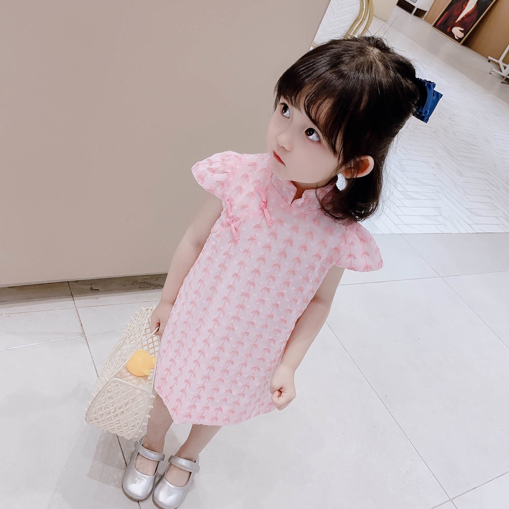 Đầm Sườn Xám Tay Ngắn Phối Ren Thời Trang Dành Cho Bé Gái 1-8 Tuổi