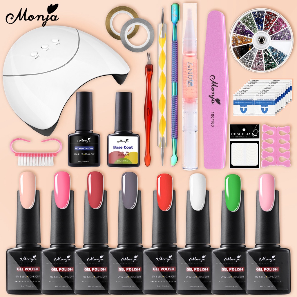 Set 8 gel sơn móng tay màu sắc khác nhau và dụng cụ làm móng MONJA UV/ LED 36W tiện lợi