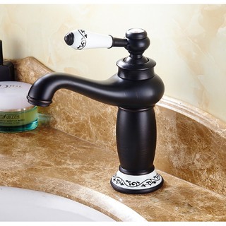 Vòi lavabo nóng lạnh giả cổ chất liệu đồng màu đen